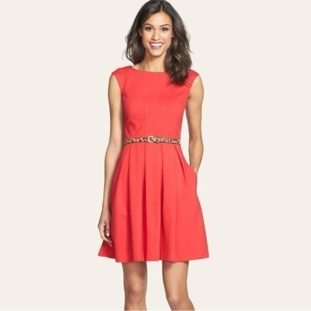 Eliza J Fit and Flare Red Dress Back Cutout Animal Print Belt Pockets Size 12